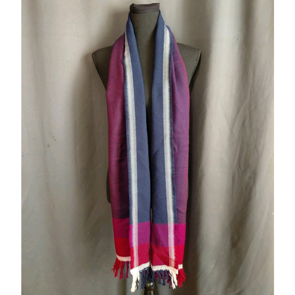 Faribault Woolen Mills Red Blue Americana 100% Fine Merino Wool Fringe Scarf